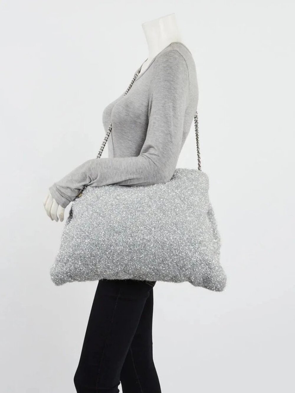 Chanel Silver Quilted Knit Pluto Glitter Shoulder Bag
